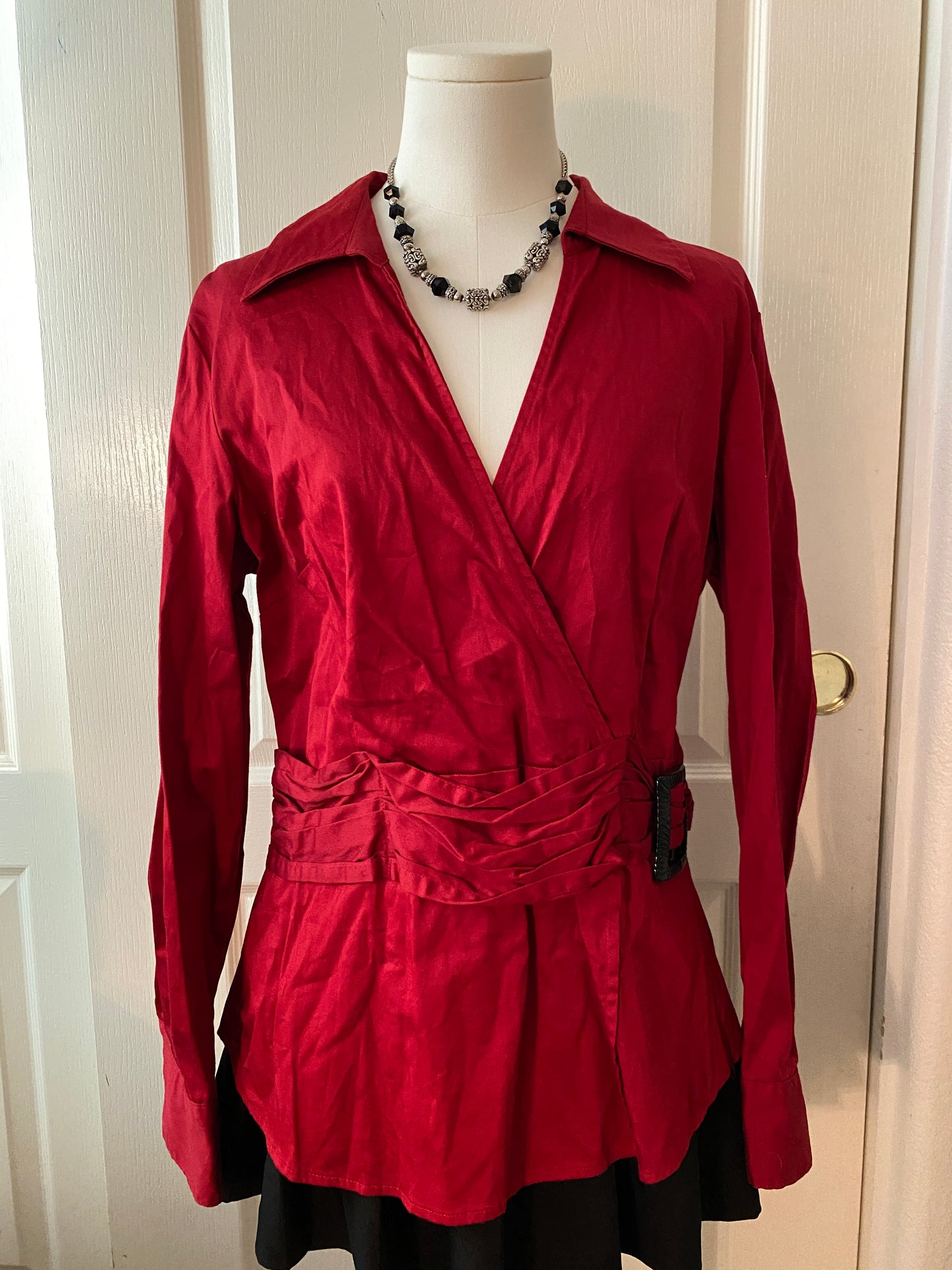 Apt 9 Red and Black Wrap Long Sleeve Belt V Neck Collared Top Blouse Tunic