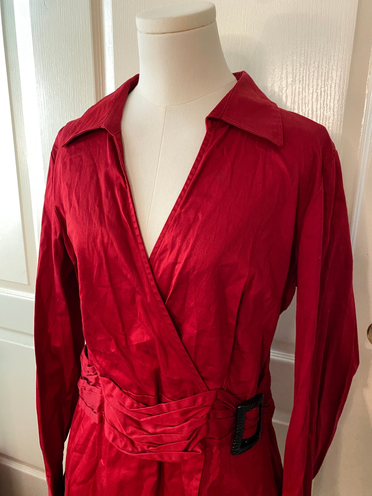 Apt 9 Red and Black Wrap Long Sleeve Belt V Neck Collared Top Blouse Tunic