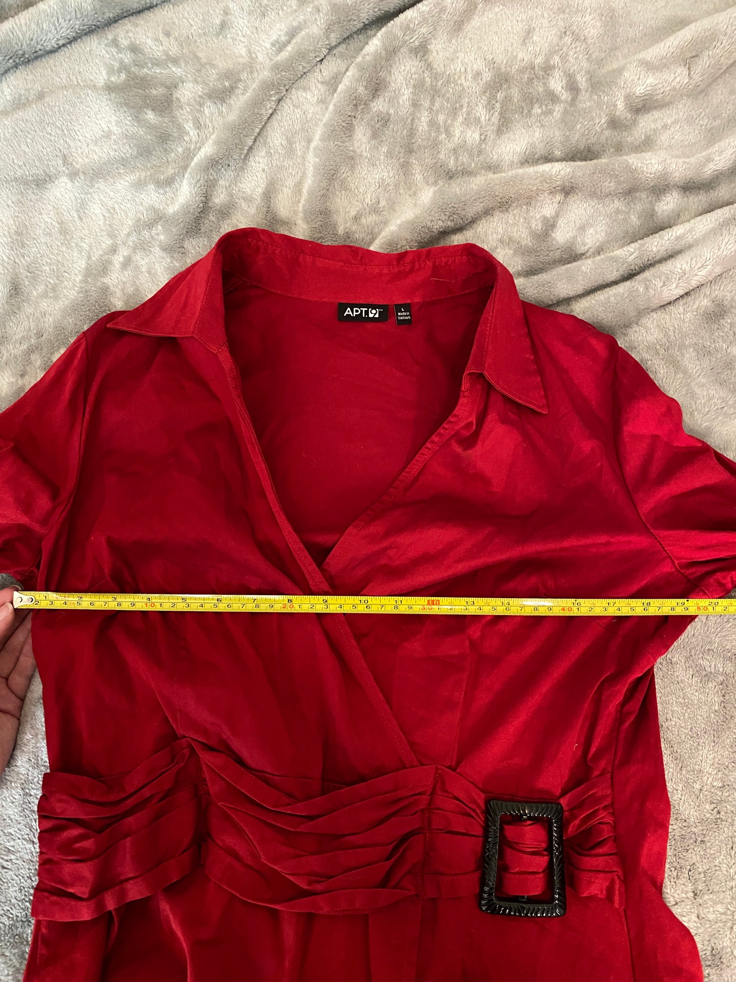Apt 9 Red and Black Wrap Long Sleeve Belt V Neck Collared Top Blouse Tunic