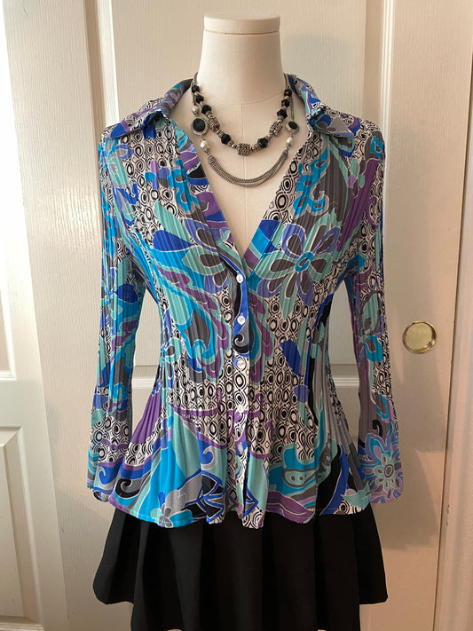 Sunny Taylor Petite Y2k Blue Purple Groovy Long Sleeve Ruffle Button Up Blouse