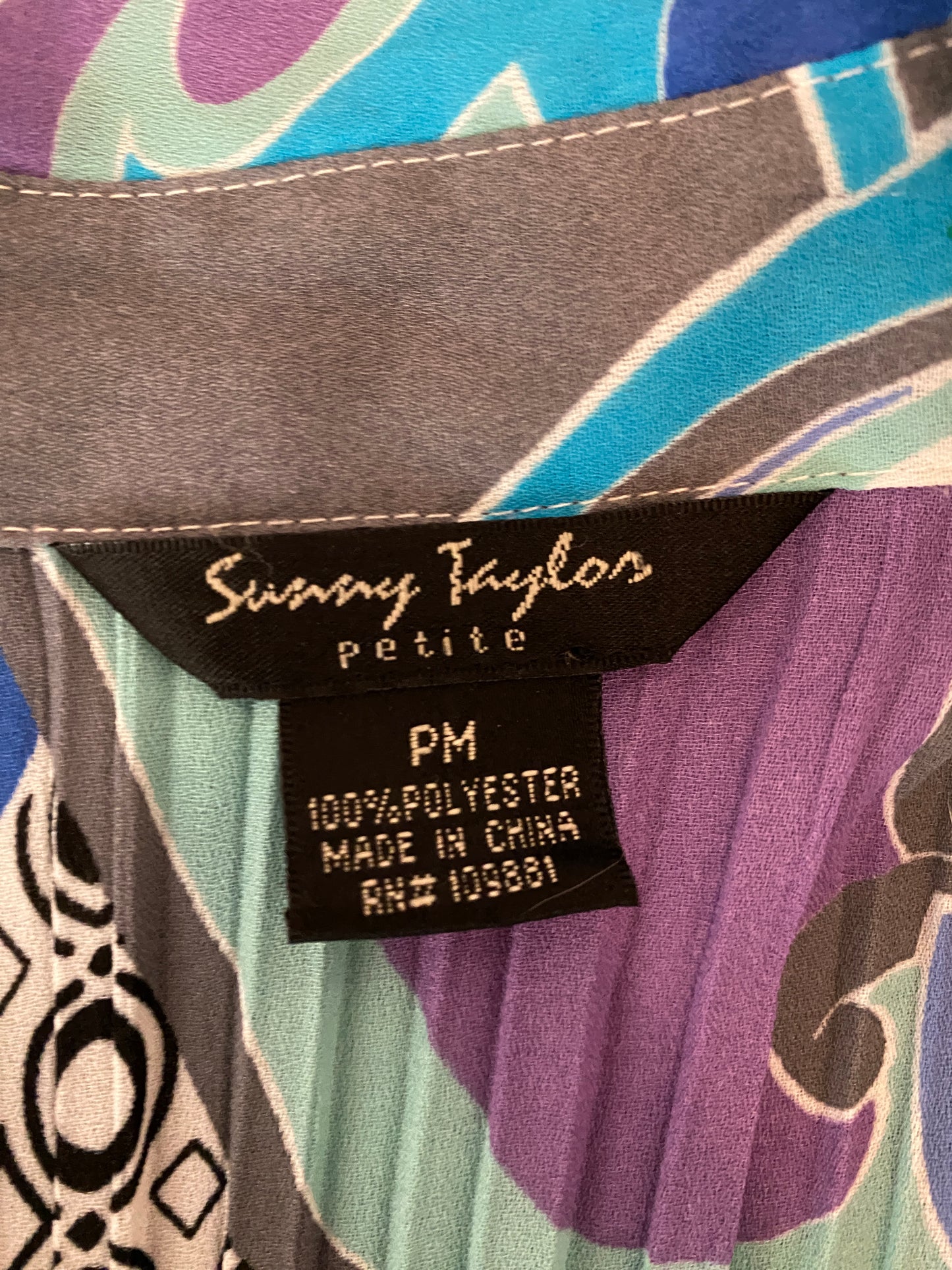 Sunny Taylor Petite Y2k Blue Purple Groovy Long Sleeve Ruffle Button Up Blouse