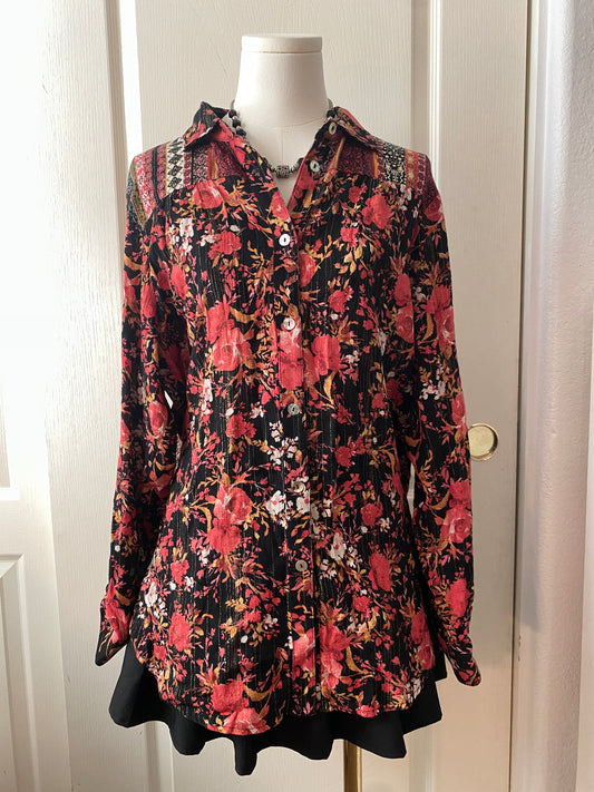 Whimsigoth Long Sleeve Button Up Black Red Yellow Collared Floral Fall Blouse