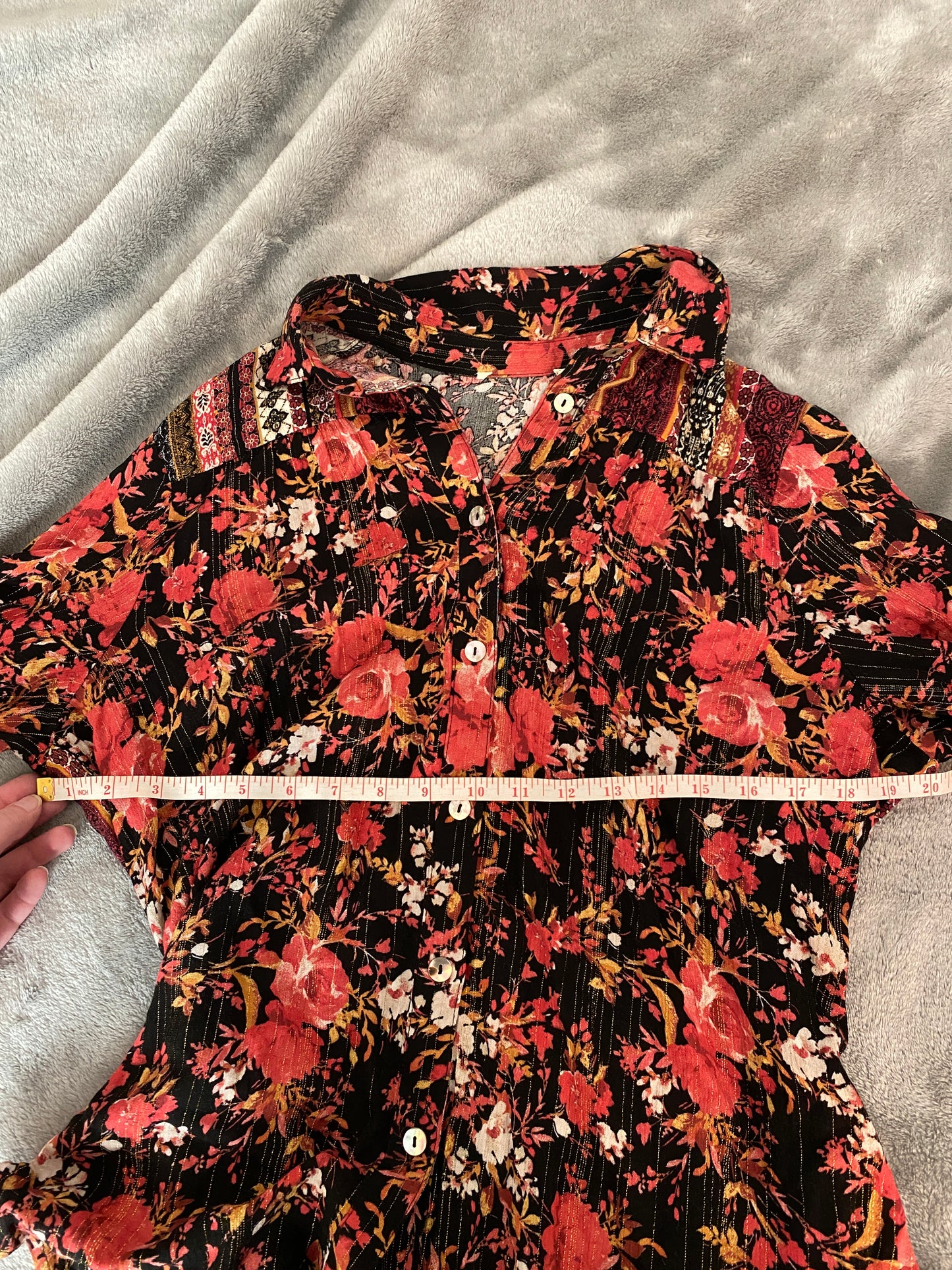 Whimsigoth Long Sleeve Button Up Black Red Yellow Collared Floral Fall Blouse