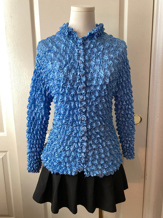 Blue Ruffle Long Sleeve Button Up Stretchy Statement Feminine Blouse Top