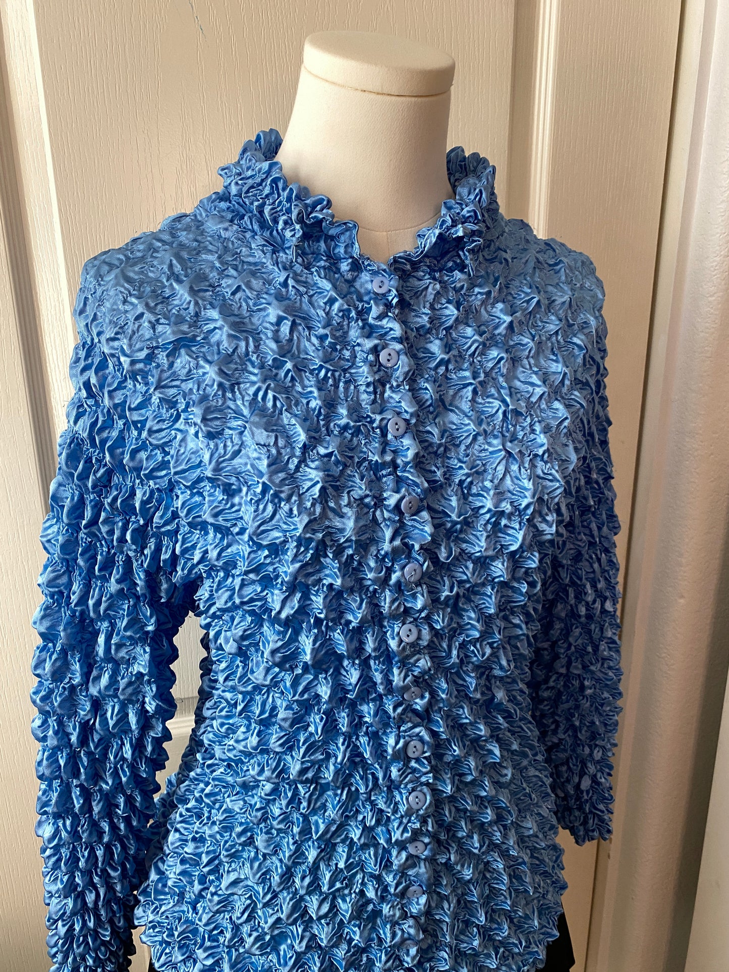 Blue Ruffle Long Sleeve Button Up Stretchy Statement Feminine Blouse Top
