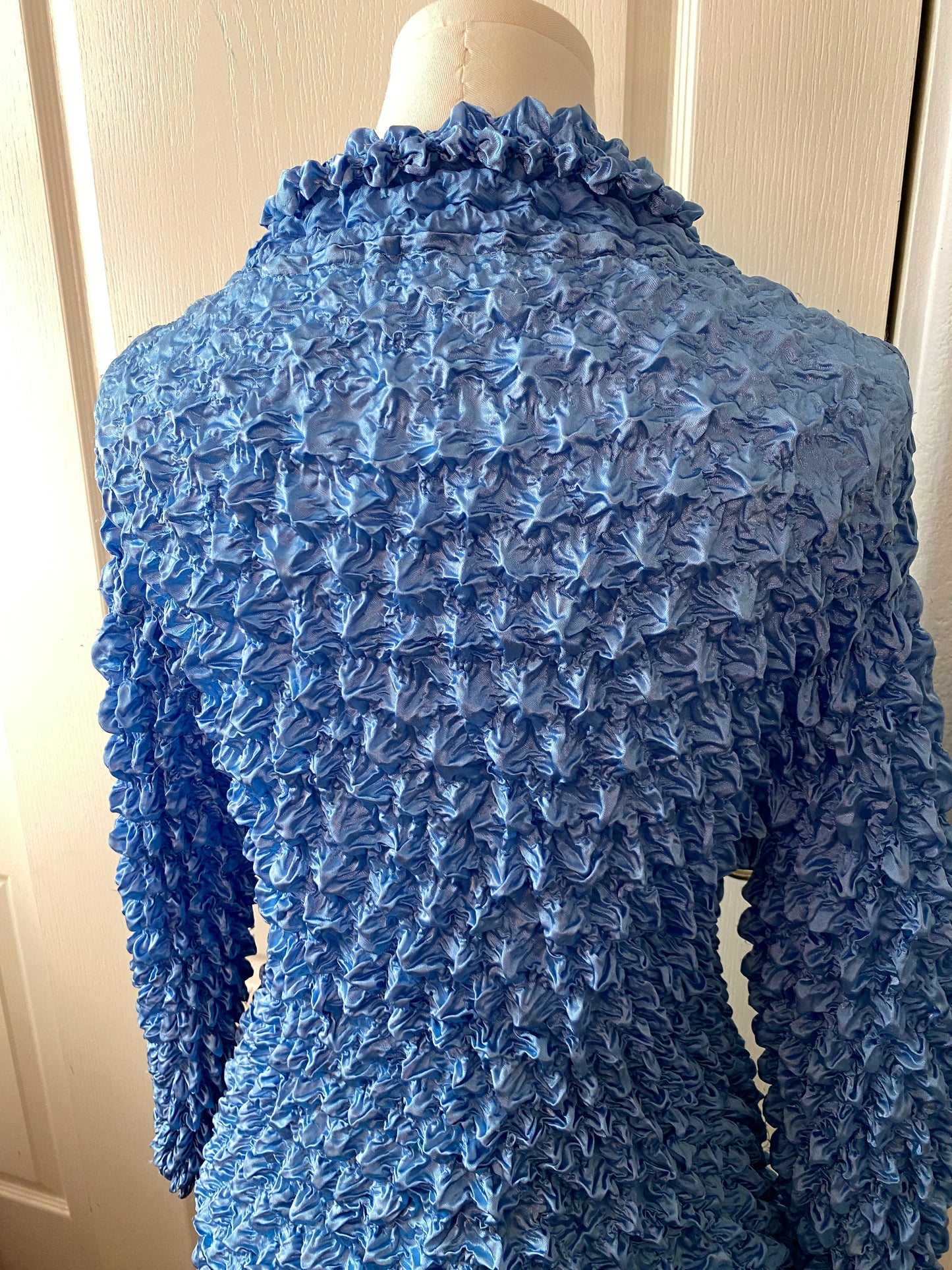 Blue Ruffle Long Sleeve Button Up Stretchy Statement Feminine Blouse Top