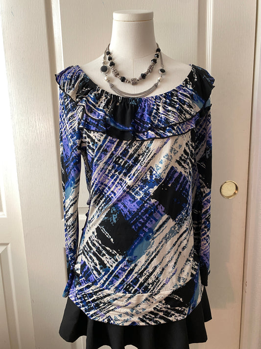 Essentials by Milano Blue Black White Long Sleeve Wide Neck Feminine Blouse Top