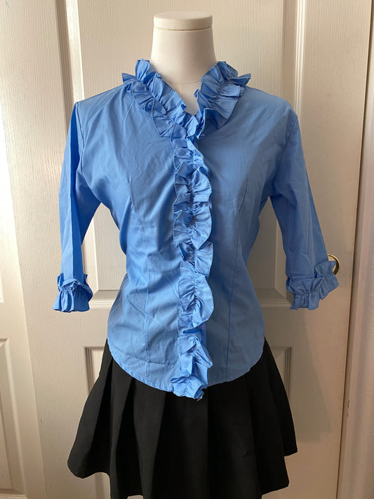 Pale Blue Ruffle Mid Sleeve Button Up Feminine Blouse Top