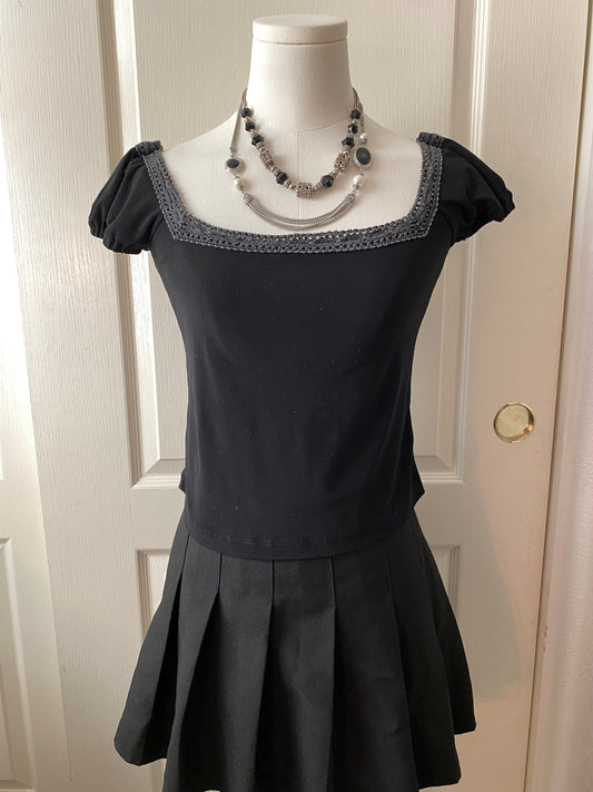 V Connect Black Grey Gothic Square Neck Short Sleeve Mini Feminine Top