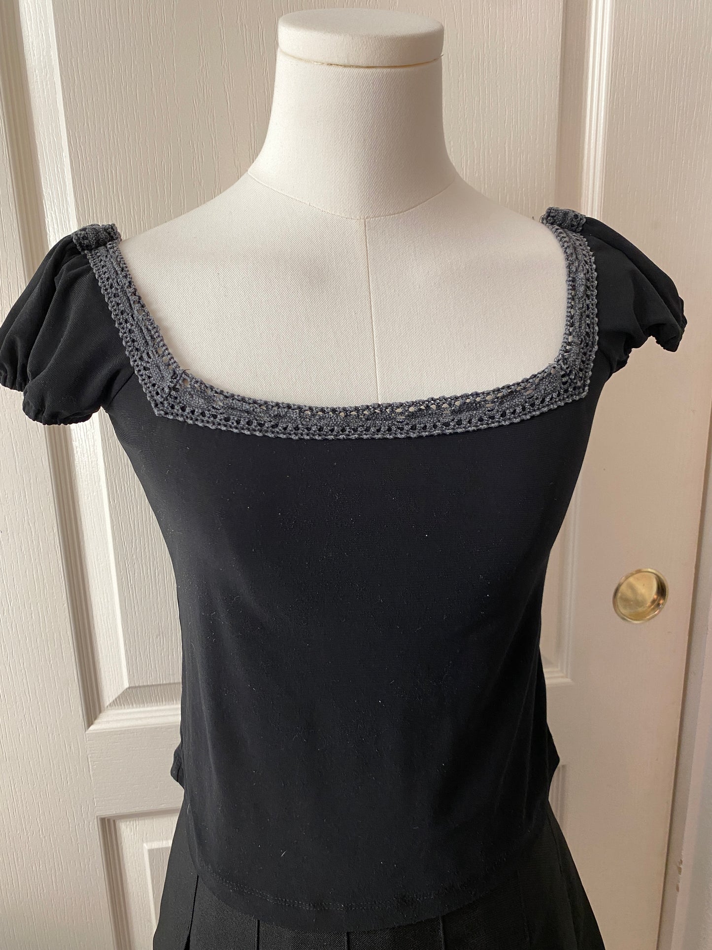 V Connect Black Grey Gothic Square Neck Short Sleeve Mini Feminine Top