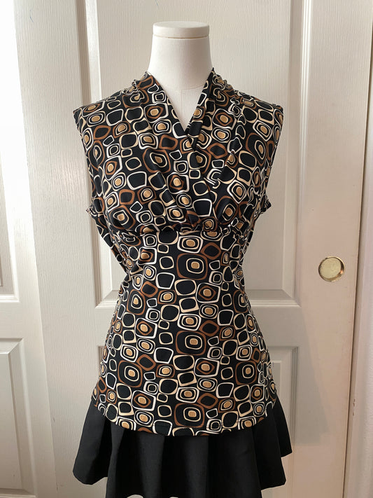 JKLA California Black and Brown Squares V Neck Wrap Sleeveless Blouse Top