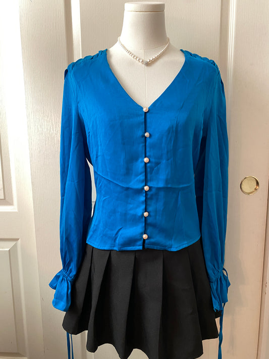 Milk and Honey Blue V Neck Ruffle Long Sleeve Faux Pearl Button Up Blouse Top