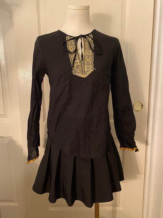 Black and Gold Long Sleeve Fall Autumn Blouse Tunic Tie Collar Floral Detail