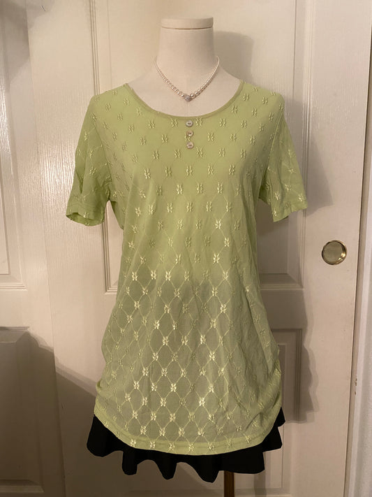 Cottagecore Lime Green Fleur Argyle Pattern Short Sleeve Button Top Blouse