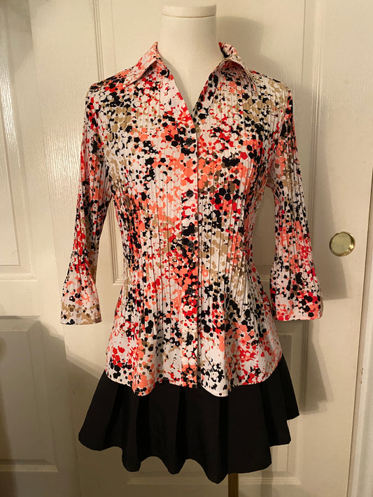 Fred David Petite Long Sleeve Multicolor Collared Button Up Feminine Blouse Top