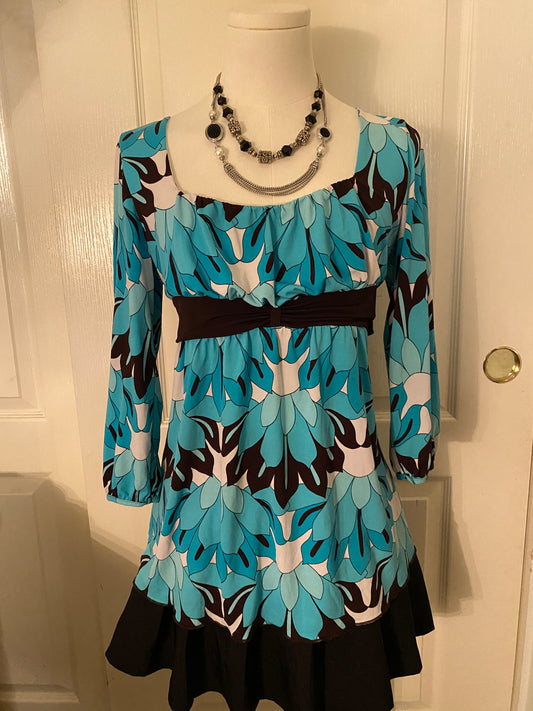 CATO Y2k inspired Blue Black White Floral Long Sleeve Feminine Top Blouse Tunic