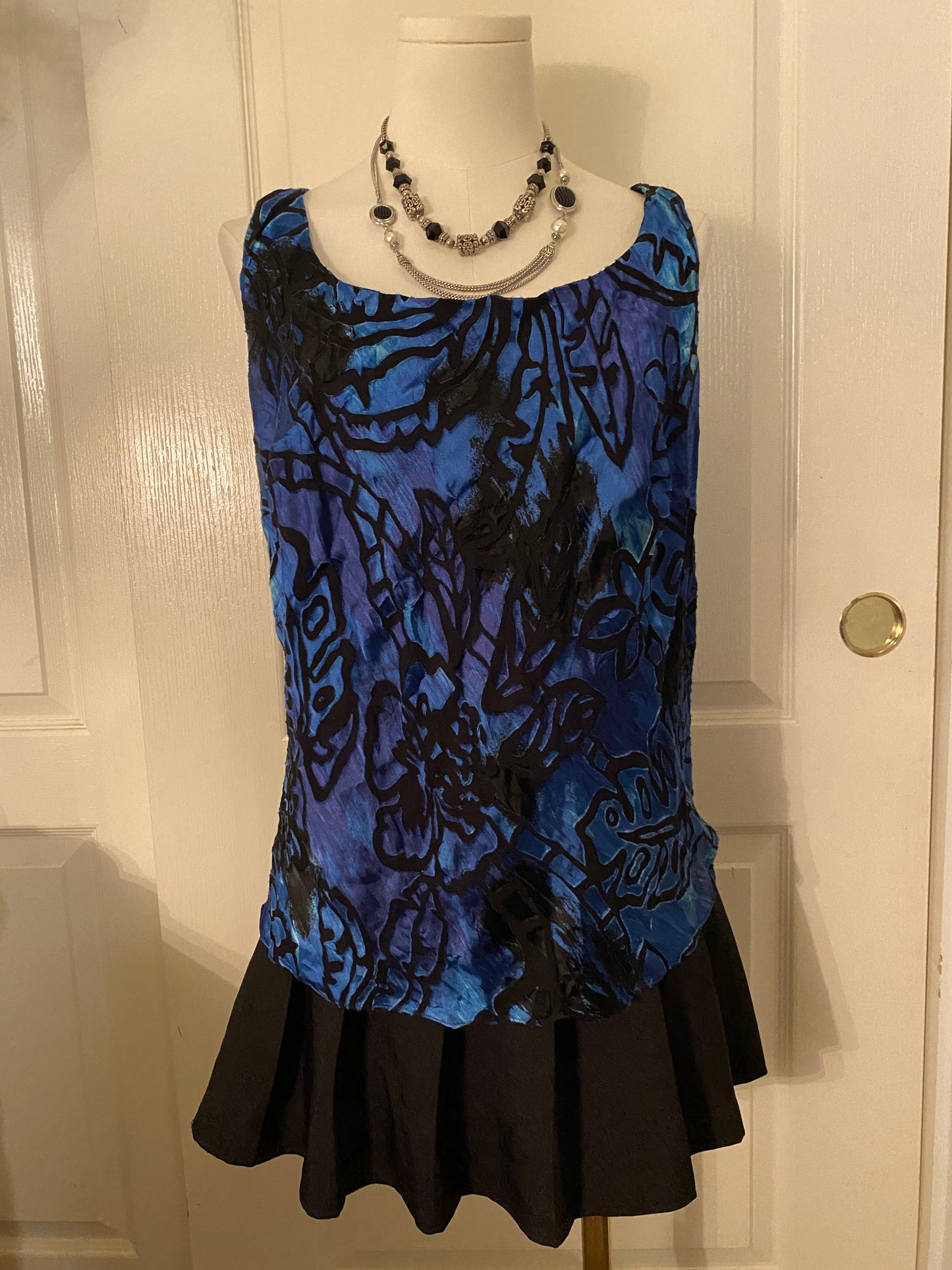 Alex Evenings Blue Black Pattern Plus Size Sleeveless Tank Blouse Top