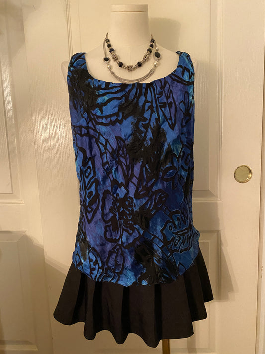 Alex Evenings Blue Black Pattern Plus Size Sleeveless Tank Blouse Top