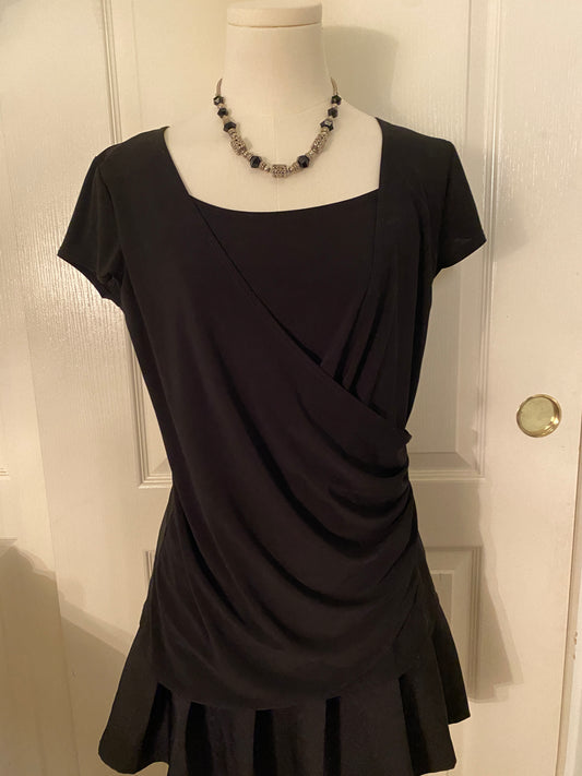 Black Wrap Square Neck Short Sleeve Feminine Casual Summer Top Tunic Shirt