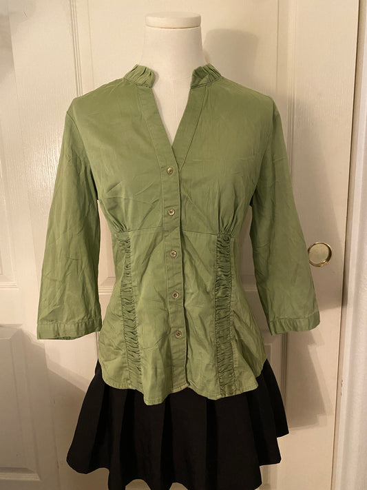 Green Long Sleeve Button Up V Neck Cottagecore Fairycore Lightweight Blouse Top