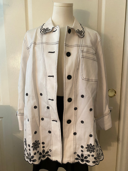 Diane's Essentials Button Up White and Black Embroidered Floral Jacket Coat