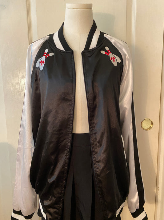 Black and White Satin Bowling League Patches Varsity Long Sleeve Zip Up Jacket