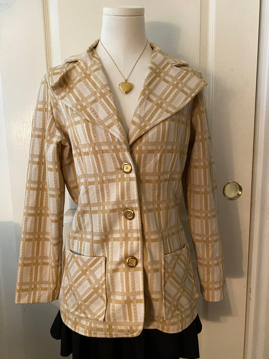 Lady Blair Cream Orange Button Up Plaid Long Sleeve Blazer