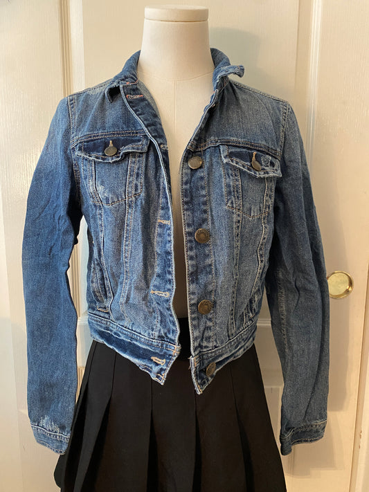 Bongo Blue Button Up Long Sleeve Mini Distressed Denim Jacket