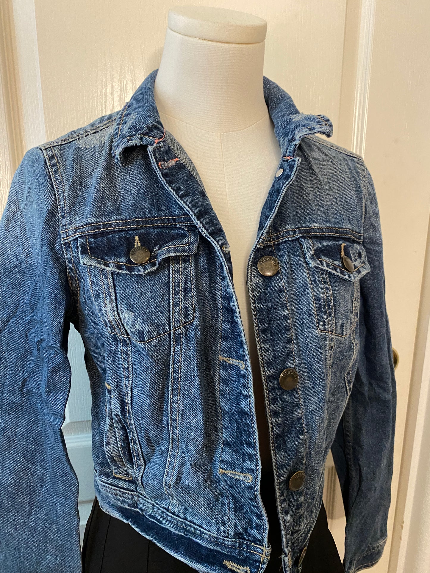 Bongo Blue Button Up Long Sleeve Mini Distressed Denim Jacket