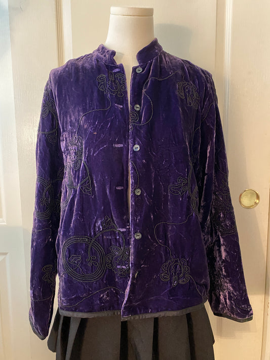 Chico's Purple and Black Embroidered Whimsigoth Long Sleeve Button Up Jacket