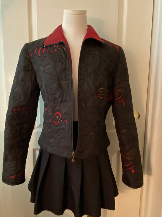Joseph Ribkoff Quilted Black and Red Zip Up Long Sleeve Vampire Jacket Coat